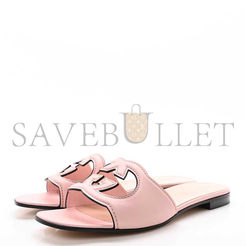 GUCCI COSMOS SOFTY CALFSKIN INTERLOCKING G CUT OUT SLIDE SANDALS CANDY COTTON 